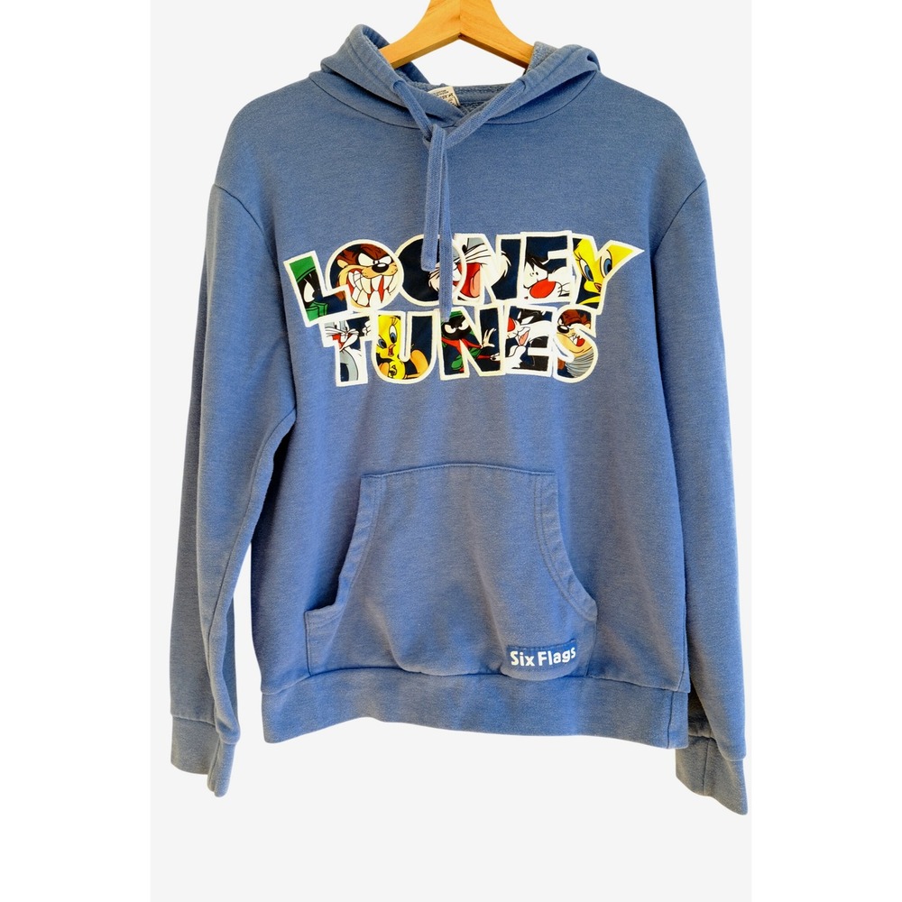 VTG Six Flags Looney Tunes Hoodie M Blue Cartoon Graphic Pullover 90s Streetwear